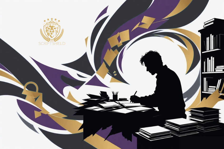 Screenwriter working at a desk surrounded by scripts, comparing traditional and modern protection methods
