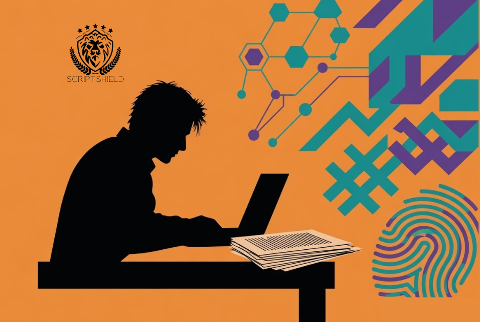 Writer with digital fingerprint imagery representing cryptographic authorship proof