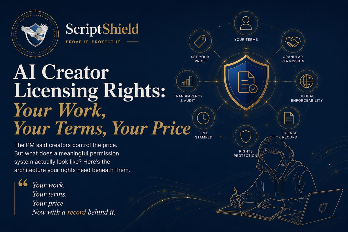 ScriptShield banner for AI Creator Licensing Rights: Your Work, Your Terms, Your Price