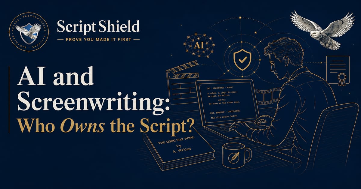 ScriptShield banner for AI and Screenwriting: Who Owns the Script, showing a writer at a laptop beside the snowy owl