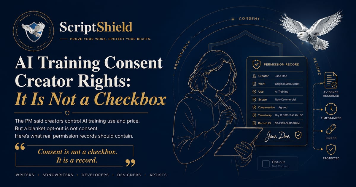 ScriptShield banner for AI Training Consent Creator Rights, showing a creator signing a structured permission record
