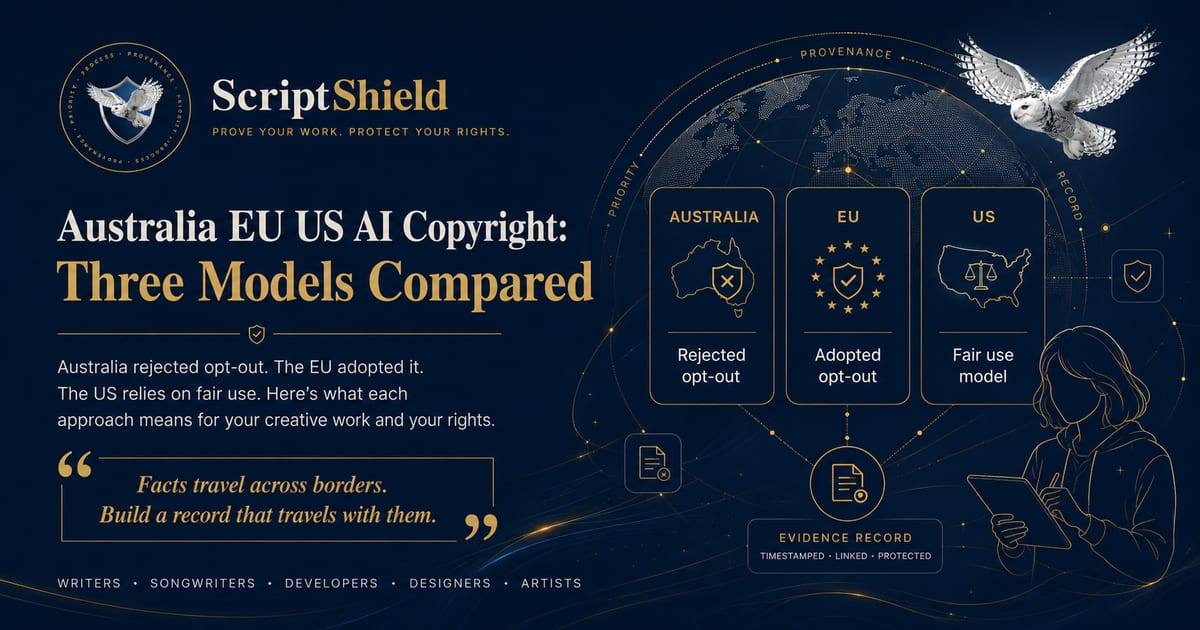 ScriptShield banner comparing Australia, EU and US AI copyright models side by side