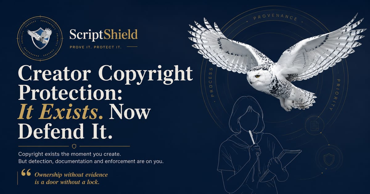 ScriptShield banner for Creator Copyright Protection: It Exists. Now Defend It., with the snowy owl in flight