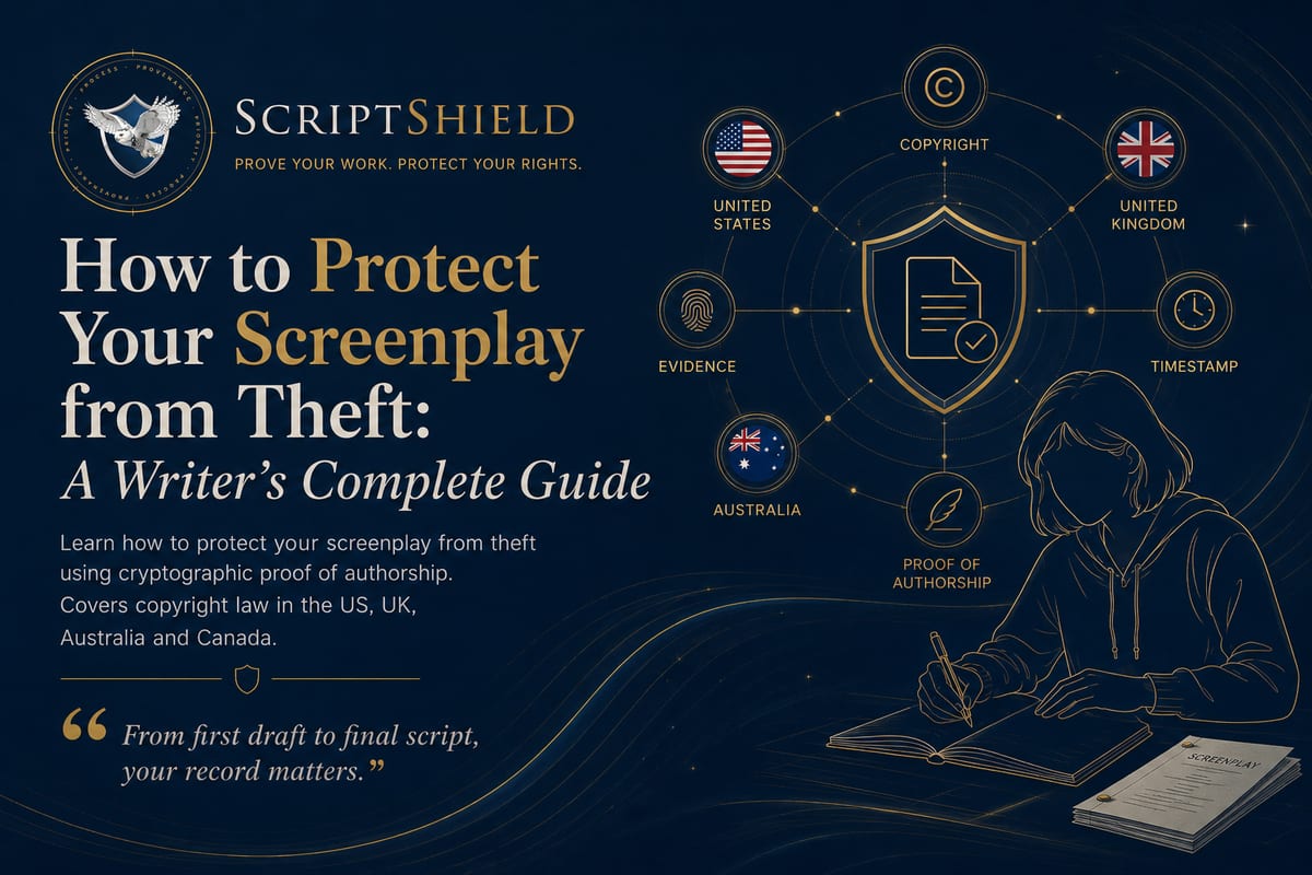 ScriptShield banner for How to Protect Your Screenplay from Theft, with the snowy owl and shield emblem