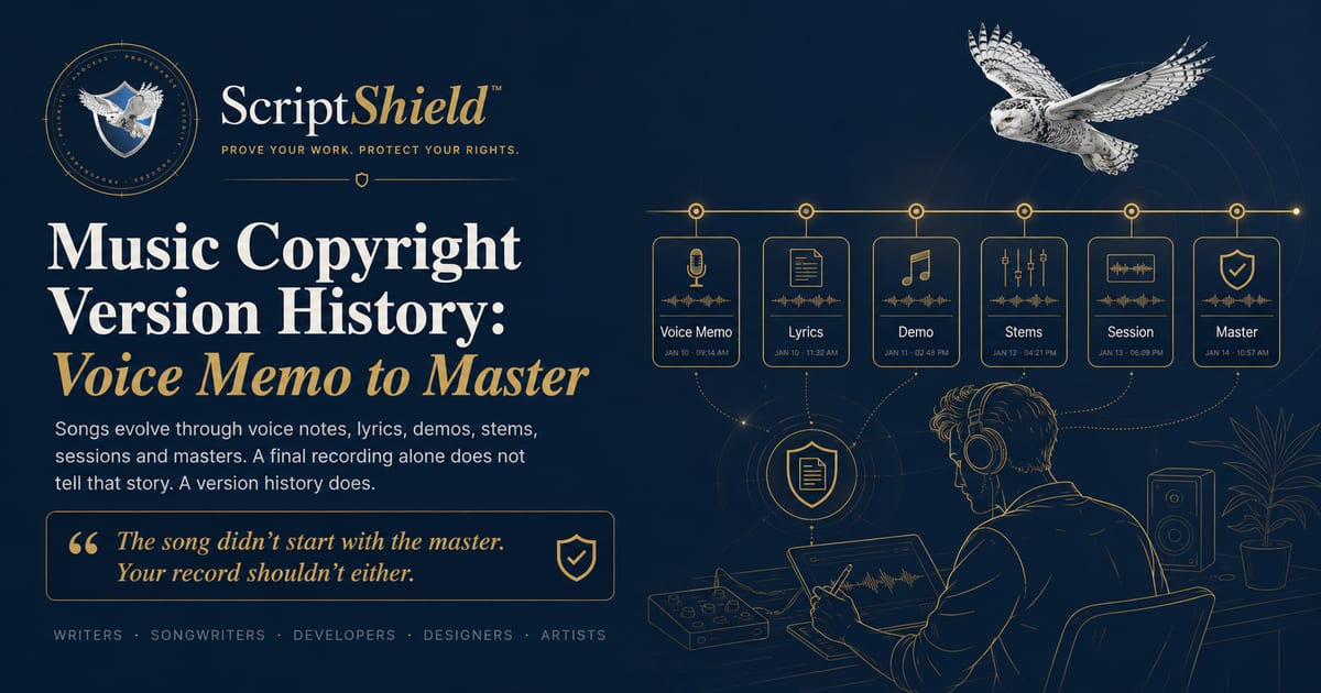 ScriptShield banner for Music Copyright Version History: Voice Memo to Master