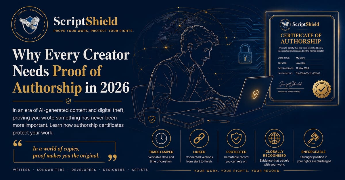 ScriptShield banner for Why Every Creator Needs Proof of Authorship, with the snowy owl over a timestamped evidence trail